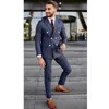 Navy Blue Stripe Double Breasted Business Men Suit Slim Fit voor Diner Party Formele Bruiloft Bruidegom Tuxedo 2 Stuk Jacket Broek X0909