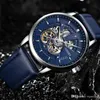 Reloj mecánico automático para hombre, esfera con textura de alta calidad, relojes huecos, reloj de pulsera suizo de lujo con correa de cuero resistente al agua