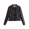 Vintage Vrouwen Kersen Print Shirts Mode Dames Turn Down Collar Tops Streetwear Vrouwelijke Chique Ruches Blouses 210430