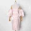 Off Shoulder Pink Dress For Women Strapless Puff Sleeve High Waist Midi Elegant Dresses Female Fashion Clothes 210520