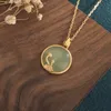 Chinese Retro Court Style Design Jade Inlaid Round Gold Lotus Pendant Classic Lady Necklace Jewelry Gift Necklaces