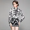 Summer Two Piece Sets for Women Vintage Bow Tie Long Sleeve Print Shirt Tops + Wide Leg Short Sets Womens Outfits 210518