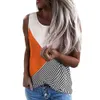 Women Casual Tops O Neck Contrast Color Stripe Print Patchwork Sleeveless T Shirt Ladies Loose Plus Size Streetwear Tee Shirts 210608