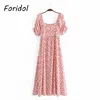 Стеченная рукава старинные летние платья женщины цветочные принты Boho Maxi длинные французские A-Line Beach Survey Red 210427