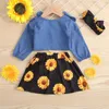 Ensembles de vêtements pour enfants filles tenues florales enfants hauts en denim + jupes à imprimé tournesol + bandeau 3pcs / set été printemps automne bébé vêtements