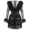 Letnia sukienka Sexy Przezroczyste Koronki Siatki Kobiety Ruffles Casual Black Vestido 210515