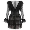 Sommarklänning Sexig Transparent Lace Mesh Women Ruffles Casual Black Vestido 210515