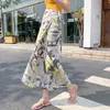 Bohème femmes été Midi longues jupes Vintage imprimé en mousseline de soie à lacets taille fleur plage coréen élégant Faldas Mujer 210520