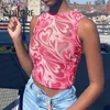 Spifore Tie Dye Y2K 90s estetik Mesh Tops Pink Summer Women Tanks 2021 Fashion O Neck Ärmlös Se men Sexig Crop Y0622