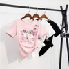 Women Summer O-Neck Short Sleeve Bird Letter print Beading 3D Flower Embroidery Cotton Tshirt 210529