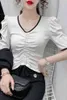 Sommar Kvinnor V-Neck Puff Sleeve T-shirts Toppar Koreansk Fashion Folds T Shirt Short Tees Y2K Top Clothing Women 210507