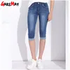 Kvinnors sommar jeans plus storlek stretch knä längd hög midja denim shorts capri för kvinnor 210428