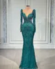 2022 Plus Size Arabski ASO EBI Hunter Green Mermaid Prom Sukienki Koronki Zroszony Sexy Evention Formal Party Druga Recepcja Urodziny Suknie Zaręczynowe Dress ZJ667