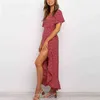 Vintage Gedrukt Lange Maxi Jurk Dames Zomer Boho Strand Split V-hals Korte Mouw Ruches Casual Warp ES 210515