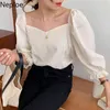 Blouse vrouwen koreaanse chic sqaure kraag bladerdeeg mouw dames blusa shirts lente mode casual vrouwelijke tops 1c595 210422