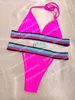 Sexy Womens pink one-piece Swimwear with white letter Swimsuit black white Beach Halter Ladies Gym Set Bathing Suit