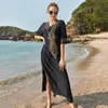 Bohemian Vintage Print Losse Lace-Up V-hals Katoen Thailand Jurken Zomer Vrouwelijke Elegante Split Dames Beach Cover-ups voor Party 210604