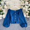 Lady Fashion Retro Autumn Blouse Women Slash Neck Long Lantern Sleeve Sexy Short Tops Solid Color Blusas De Mujer P872 210527