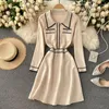 Lady Fashion Stnitted Sweater Klänning 2021 Kvinnor Höst Vinter Retro Spänne Midja Tunna Långärmad Vestidos Q464 Casual Dresses