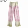 Zevity Womenファッショングラジュアルカラーネクタイ染め印刷サテンワイドレッグパンツレトロな女性サイドジッパーシックなズボンP1030 211115