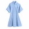 Robe d'été Chemise Bleue Boutonnée es Femmes Manches Courtes Col Mini Femme Vintage Poches Doublure 210430