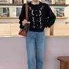女性のセータークルーネック長袖カジュアルトリミング花刺繍カーディガンバイオレットブラックベージュブルーM0312 210514
