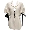 Weißes lässiges Kleid für Frauen, gekerbtes Puff-Kurzarm-Hohe-Taille-Patchwork-Bowknot-Minikleid, weibliche Modekleidung 210531