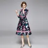 Lente Runway Hoge Kwaliteit Bow Hals Vintage Flora Print Party Jurk Vestidos Robe Femme Elegante Dot Print Midi Jurk 210529