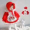 2pcs baby flicka spanska klänningar spädbarn boutiques kläder barn lolita prinsessa boll gown childen broderi röd klänning + hatt 210615