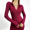 Women Korean Knitted Dress Long Sleeve V Neck Elastic Slim Pencil Dresses 2022 Spring Sexy Bodycon Split Sweater Dress