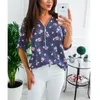 Frauen Sommer V-Ausschnitt Reißverschluss Blumendruck Casual Lose Shirts Ladies Langarm Tops Bluse Plus Size S-5xl 210326