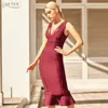 Летние женщины вино красный русалка повязка платье сексуальное V-образным вырезом без рукавов Mid-Calf Club Collection Andway Party платья 210423