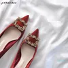 Dress Shoes Rhinestones Crystal Wedding French Bridal Wine Red High Heels Silk Satin Stiletto Lady Pumps Big Size