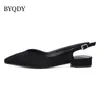 BYQDY 2021 Black Low Heels Women Pumps Buckle Flock Dress Casual Ladies Shoes Pointed Toe Slingbacks Spring Large 41 Court Shoes Y0611