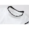 フリル中空アウトスリムTシャツ女性夏のファッションストリートウェアoネック半袖基本パッチワーク因果女性クロップトップ210515
