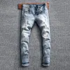 Mäns jeans italiensk stil mode män retro ljusblå elastisk smal passform rippad vintage designer casual bomull denim byxor
