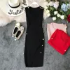 Gaganight Tank Women Knitted Autumn Winter Midi Dress Solid Sleeveless Elastic Slim Bodycon Party Dresses Ladies Button Korean 210519