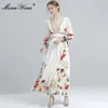 Fashion Designer Spring Elegant Party Dress Women Deep V-neck High waist Floral print Vintage Long Vacation 210524