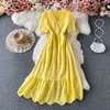 Zoete roze / wit / blauw / geel holle midi jurk vrouwen casual v-hals kant v-hals korte mouw vestidos vrouwelijke 2021 zomer nieuw Y0603