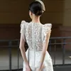 Vestidos casuais Vietnã moda marca designer 2021 laço de verão textura bordada cintura alta vestido de emagrecimento