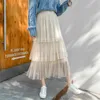 到着春夏韓国ファッション女性ハイウエストプリーツスカート甘いかわいい網ホワイトロングスカートフェムメーシアS742 210512