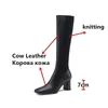 Voltar Zipper Botas de Salto Alto Para Mulheres Genuíno Couro Quadrado Toe Sapatos Mulher Outono Festa de Inverno Slim Long 210528