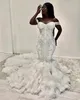 Prachtige Plus Size Mermaid Trouwjurken Bruidsjurken Kant Geappliceerd Beaded Off The Shoulder Tiered Rokken Ruffles Vestido de Noiva