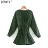 Zevity Kobiety Sexy Głębokie V Neck Solidna Talia Bandaż Mini Sukienka Kobieta Chic Długi Rękaw Dorywczo Slim Kimono Vestido DS8193 210603