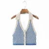 Summer Women Sexy Backless Striped Knitted Vest Deep V Neck Single Breasted T Shirt Casual Female Short Tops T1500 210430
