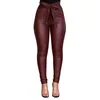 Sexy Frauen Motor PU Leder Hosen Ganzkörperansicht Hohe Taille Kordelzug Einfarbig Skinny Slim Fitting Bleistift 210522