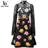 Летняя мода дизайнер элегантное вечеринка платье женщин с длинным рукавом роскошные кружевные сетки лоскутное печать цветок mini 210522