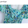 Summer Women Blue Floral Print Dress Female Sexy Square Neck Puff Sleeve Vestido Smocked Elastic Waist Slim Mini 210514