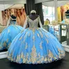 Румяна потрясающий голубо -розовый бальный платье Quinceanera выпускные платья v vece с длинными рукавами золотые аппликация кружевное кружевное поезд