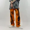 Streetwear Graffiti Jeans Kvinnors Vår Hög Midja Orange Loose Straight Denim Byxor Kvinna Tide 5c786 210427